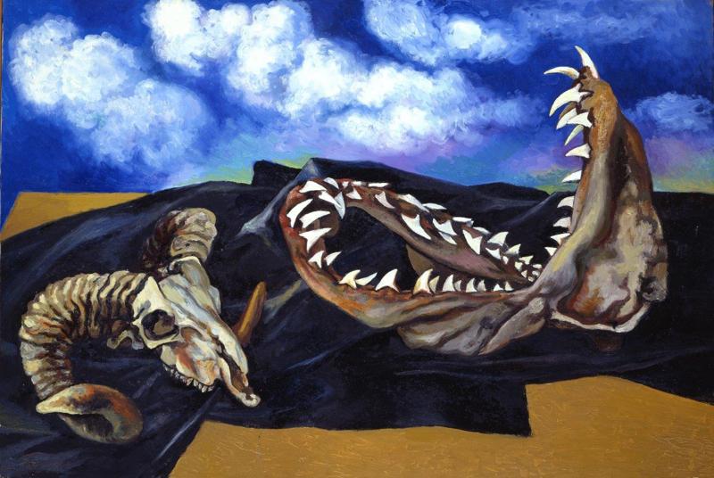 Bucranio, mandibola di pescecane e drappo nero contro il cielo, 1984
