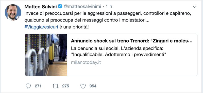 Salvini capotreno annuncio zingari
