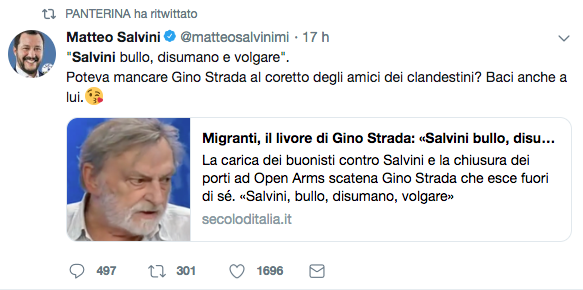 Gino Strada apostrofa Salvini via Twitter