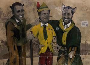 Governo, nuovo murale di Tv-Boy Conte pinocchio. E SalviMaio...