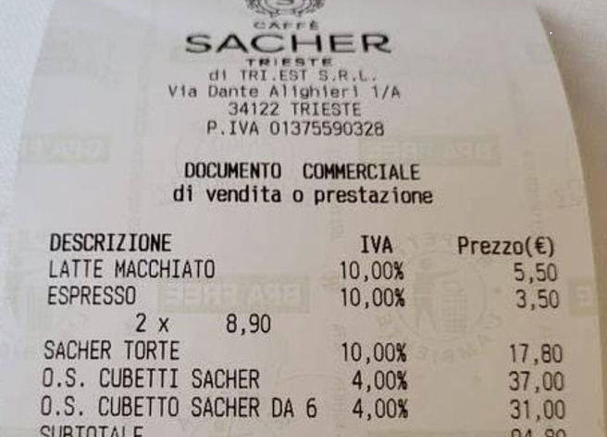 Scontrino Sacher caffè Trieste