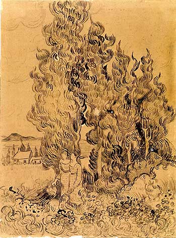 Vincent van Gogh, Cipressi con due donne, 1890 - gessetto nero, inchiostro, penna e penna rossa su carta velina, cm 31,9 x 23,7 - Kröller Müller Museum, Otterlo