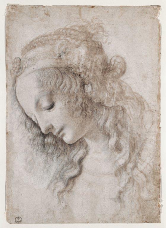 Leonardo da Vinci Studio di volto femminile (1468-1475 circa) pietra nera (o punta di piombo), penna, pennello inchiostri marrone e grigio, biacca (parzialmente ossidata), su carta preparata avorio, 281 ✕ 199 mm Firenze, Gabinetto Disegni e Stampe degli Uffizi Leonardo da Vinci Studio di volto femminile (1468-1475 circa) pietra nera (o punta di piombo), penna, pennello inchiostri marrone e grigio, biacca (parzialmente ossidata), su carta preparata avorio, 281 ✕ 199 mm Firenze, Gabinetto Disegni e Stampe degli Uffizi