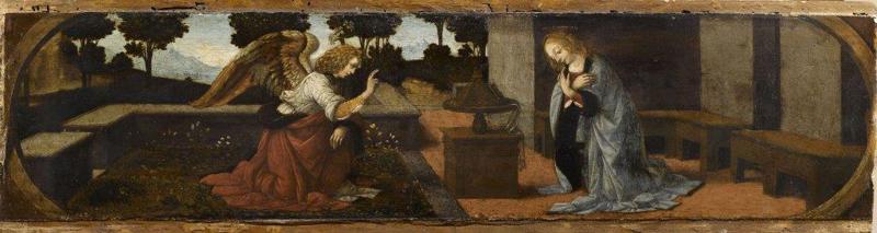 Leonardo da Vinci (e Lorenzo di Credi?) Annunciazione (1478-1480 circa) olio su tavola di pioppo, 16 ✕ 60 cm Parigi, Musée du Louvre, Département des Peintures, già in Collezione Campana, Roma, entrato al Louvre nel 1863 Leonardo da Vinci (e Lorenzo di Credi?) Annunciazione (1478-1480 circa) olio su tavola di pioppo, 16 ✕ 60 cm Parigi, Musée du Louvre, Département des Peintures, già in Collezione Campana, Roma, entrato al Louvre nel 1863