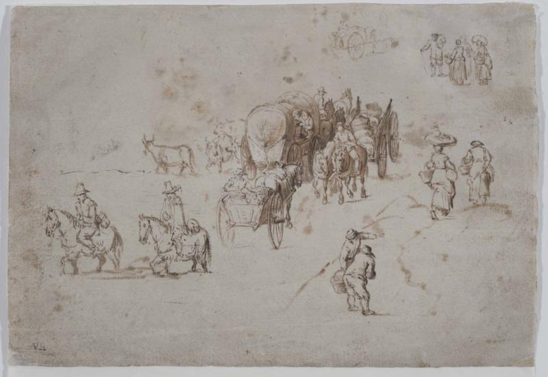 Jan Brueghel il Vecchio, Incontro tra Carovane, inchiostro nero e marrone su carta, 1603ca,cm 15x21,9