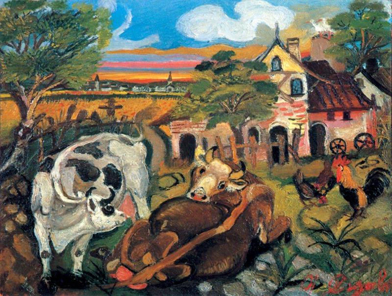 Fattoria con animali - olio su tavola di compensato, 1943 1944 Fattoria con animali - olio su tavola di compensato, 1943 1944