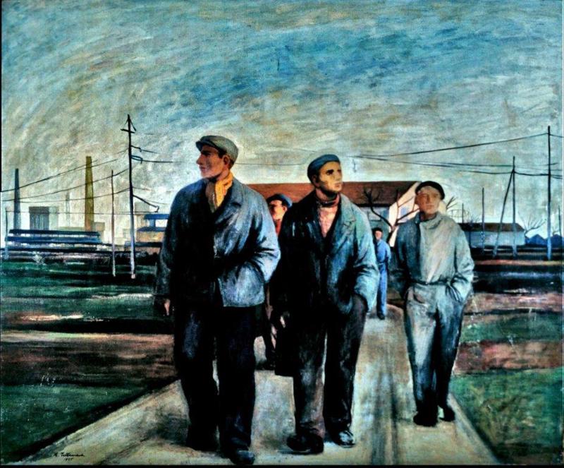 Ampelio Tettamanti Operai di Milano 1955 Olio su tela, cm 131 x 160,5 Suzzara (Mantova), Galleria del Premio Suzzara Ampelio Tettamanti Operai di Milano 1955 Olio su tela, cm 131 x 160,5 Suzzara (Mantova), Galleria del Premio Suzzara