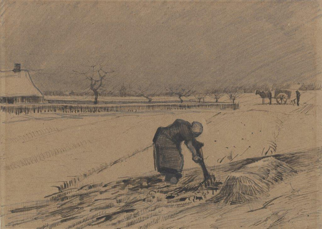 Vincent van Gogh Contadina che spala letame in un campo innevato Matita, penna a inchiostro nero-bruno su carta a grana fine, cm 20,7 x 28,7 1883 Kröller-Müller Museum © Kröller-Müller Museum Vincent van Gogh Contadina che spala letame in un campo innevato Matita, penna a inchiostro nero-bruno su carta a grana fine, cm 20,7 x 28,7 1883 Kröller-Müller Museum © Kröller-Müller Museum
