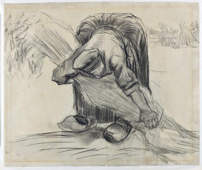 Vincent van Gogh Contadina che lega fascine di grano Gessetto nero, guazzo grigio e tracce di fissativo su carta a grana fine, cm 44,5 x 52,6 1885 Kröller-Müller Museum, Otterlo © Kröller-Müller Museum, Otterlo Vincent van Gogh Contadina che lega fascine di grano Gessetto nero, guazzo grigio e tracce di fissativo su carta a grana fine, cm 44,5 x 52,6 1885 Kröller-Müller Museum, Otterlo © Kröller-Müller Museum, Otterlo