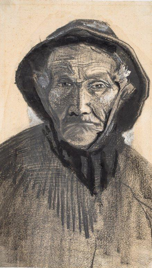 Vincent van Gogh Testa di pescatore con cappello di tela cerata Matita, gessetto litografico nero, pennello, inchiostro nero, acquerelli bianco, grigio e rosa, decolorante fissativo attorno al disegno della testa e tracce di quadrettatura su carta per acquerello, cm 42,9 x 25,1 1883 Kröller-Müller Museum, Otterlo © Kröller-Müller Museum, Otterlo Vincent van Gogh Testa di pescatore con cappello di tela cerata Matita, gessetto litografico nero, pennello, inchiostro nero, acquerelli bianco, grigio e rosa, decolorante fissativo attorno al disegno della testa e tracce di quadrettatura su carta per acquerello, cm 42,9 x 25,1 1883 Kröller-Müller Museum, Otterlo © Kröller-Müller Museum, Otterlo