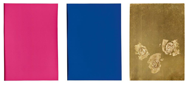 Yves Klein Triptyque de Krefeld 1961 Cartoncino colorato, pigmento e foglia d’oro tre fogli 32 × 23,5 cm ciascuno Collezione privata © Yves Klein / ADAGP, Paris 2014