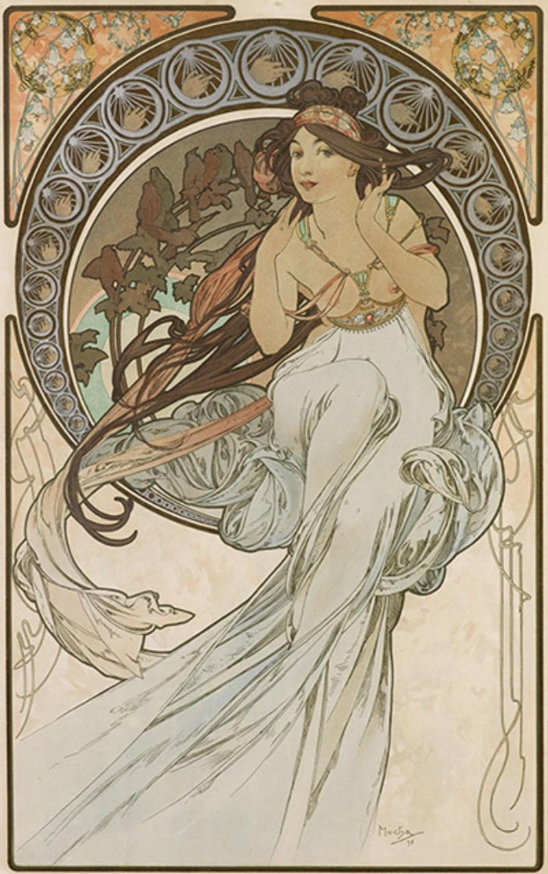 Il tema chiave della terza sezione è l’immancabile figura femminile, sviluppato in due sale contigue. Nel primo ambiente sono esposti arredi e oggetti d’uso in cui l’immagine della donna è al centro dell’invenzione; nella sala successiva i manifesti di Mucha tornano nuovamente a dialogare e a confrontarsi in modo diretto con gli oggetti, in modo da evidenziare la duplice e contrastante concezione che i contemporanei avevano della donna, talvolta idealizzata in una creatura angelica, elegante e aggraziata, talvolta immaginata come femme fatale, accattivante e seducente, ma sempre capace di incarnare il valore universale della bellezza giovanile, espressa attraverso linee serpentine ed eleganti movenze. Il tema chiave della terza sezione è l’immancabile figura femminile, sviluppato in due sale contigue. Nel primo ambiente sono esposti arredi e oggetti d’uso in cui l’immagine della donna è al centro dell’invenzione; nella sala successiva i manifesti di Mucha tornano nuovamente a dialogare e a confrontarsi in modo diretto con gli oggetti, in modo da evidenziare la duplice e contrastante concezione che i contemporanei avevano della donna, talvolta idealizzata in una creatura angelica, elegante e aggraziata, talvolta immaginata come femme fatale, accattivante e seducente, ma sempre capace di incarnare il valore universale della bellezza giovanile, espressa attraverso linee serpentine ed eleganti movenze.
