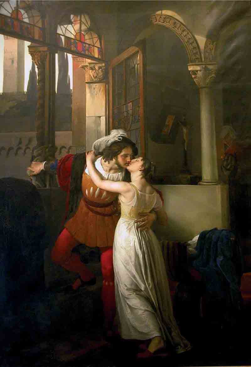 Francesco Hayez 04 L'ultimo bacio dato a Giulietta da Romeo, che obbligato a fuggire sta per scendere dalla finestra; il fondo rappresenta l'alba nascente; la fante trasporta altrove la lucerna; l'architettura ricorda i tempi in cui vissero questi sventurati sposi, 1823 olio su tela, cm 291 x 201,8 Francesco Hayez 04 L'ultimo bacio dato a Giulietta da Romeo, che obbligato a fuggire sta per scendere dalla finestra; il fondo rappresenta l'alba nascente; la fante trasporta altrove la lucerna; l'architettura ricorda i tempi in cui vissero questi sventurati sposi, 1823 olio su tela, cm 291 x 201,8