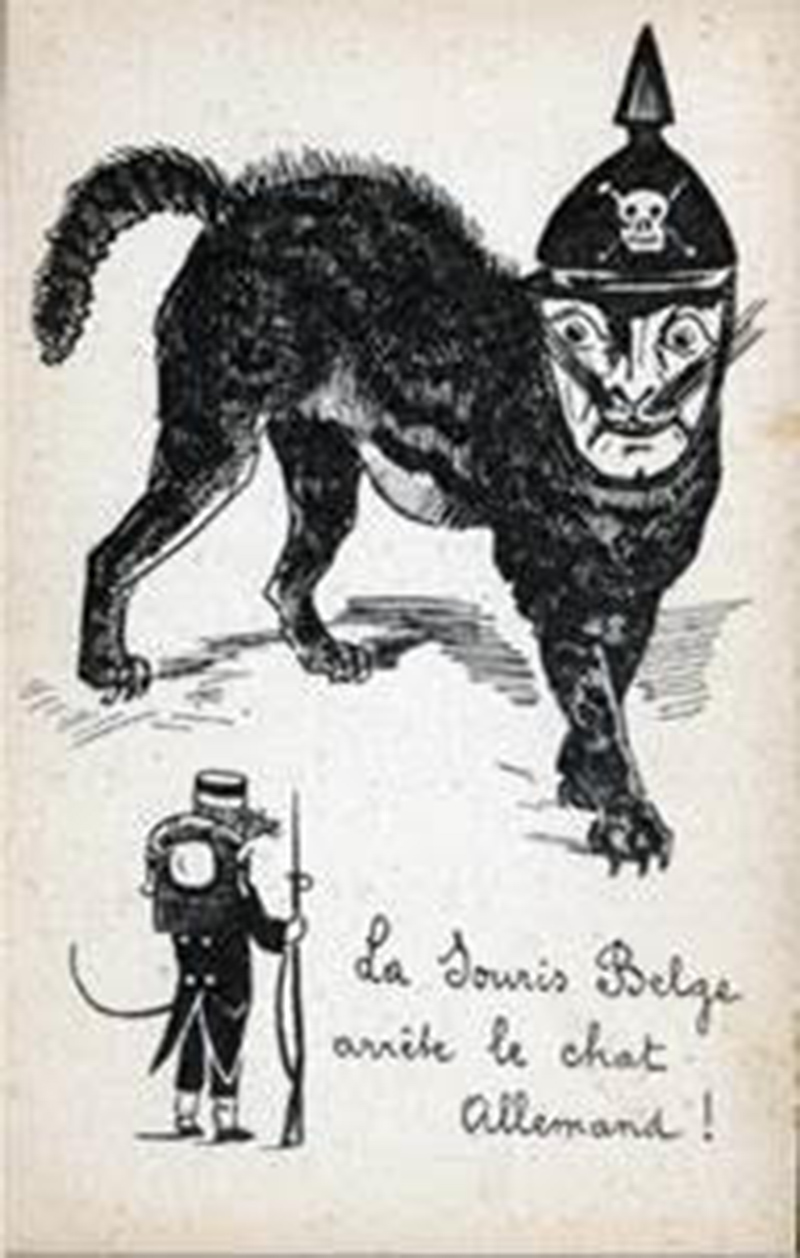 6. LA PRIMA GUERRA MONDIALE Anche nelle guerre il gatto nero non era molto amato. Qui nella cartolina satirica ‘La Germania e il Belgio’ della 1^ Guerra Mondiale (Francia, 1914), esposta anch’essa alla mostra ‘Il gatto e l’uomo’ di Verona. 6. LA PRIMA GUERRA MONDIALE Anche nelle guerre il gatto nero non era molto amato. Qui nella cartolina satirica ‘La Germania e il Belgio’ della 1^ Guerra Mondiale (Francia, 1914), esposta anch’essa alla mostra ‘Il gatto e l’uomo’ di Verona.