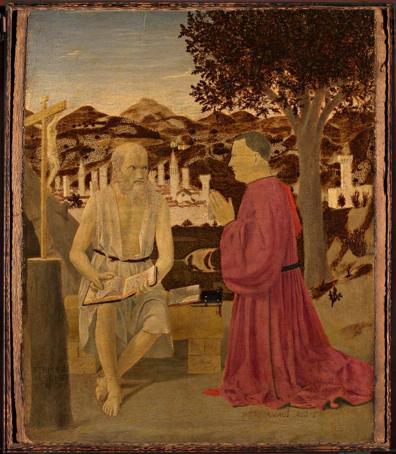 - Piero della Francesca, San Girolamo e un devoto, 1440-1450 ca., tempera e resina su tavola. Gallerie dell’Accademia, Venezia - Piero della Francesca, San Girolamo e un devoto, 1440-1450 ca., tempera e resina su tavola. Gallerie dell’Accademia, Venezia