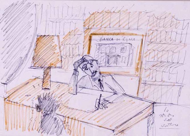 Federico Fellini (Rimini 1920 - Rome 1993), 13 preparatory sketches for TV commercial of Banca di Roma Lo studio del dottore, 1992 Tecnica mista su carta Dimensioni: 21 x 29, 5 cm Federico Fellini (Rimini 1920 - Rome 1993), 13 preparatory sketches for TV commercial of Banca di Roma Lo studio del dottore, 1992 Tecnica mista su carta Dimensioni: 21 x 29, 5 cm