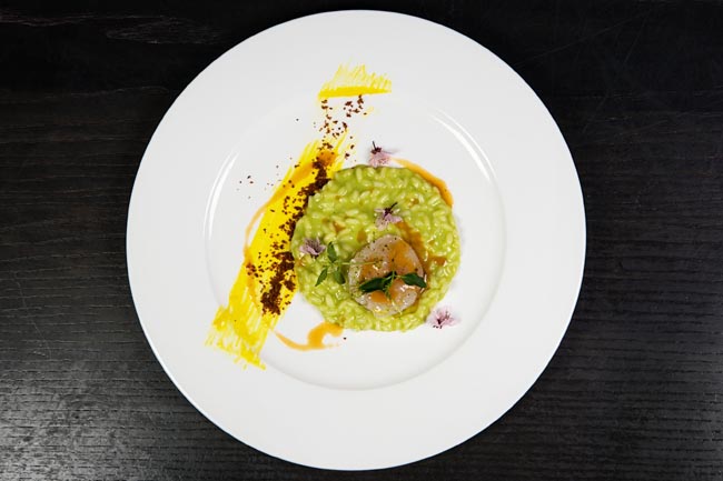 Risotto con Crema di Piselli e Tartare di Scampi
