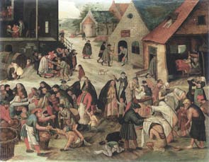 Pieter Brueghel il Giovane Le sette opere di misericordia 1616 Olio su tavola, 44x57,5 cm Collezione privata Belgio