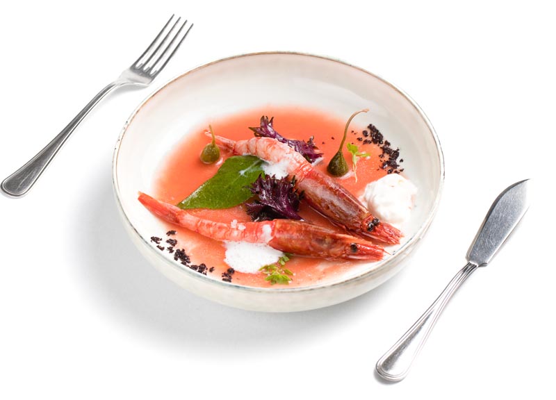 Gamberi Rossi con acqua di pomodoro, capperi, origano e crema di bufala (2)