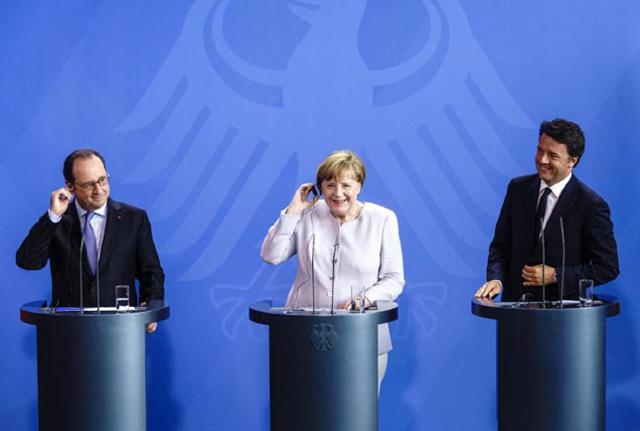 Brexit, Angela Merkel, Matteo Renzi e Francois Hollande in conferenza