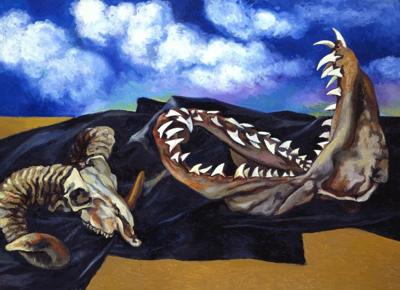 Bucranio, mandibola di pescecane e drappo nero contro il cielo, 1984