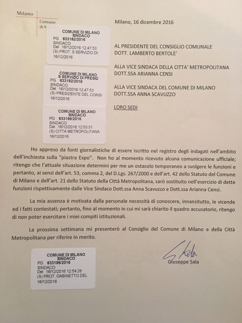L'autosospensione di Beppe Sala documento