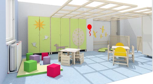 Il rendering del nuovo spazio dedicato al servizio di asilo nido del Reparto di Oncoematologia pediatrica dell'Ospedale infantile Regina Margherita. Il rendering del nuovo spazio dedicato al servizio di asilo nido del Reparto di Oncoematologia pediatrica dell'Ospedale infantile Regina Margherita.