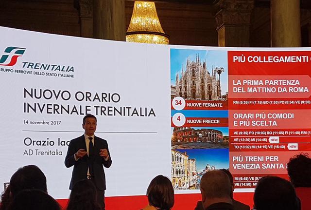 L'ad di Trenitalia Orazio Iacono durante la presentazione del nuovo orario invernale Trenitalia, a Milano. L'ad di Trenitalia Orazio Iacono durante la presentazione del nuovo orario invernale Trenitalia, a Milano.