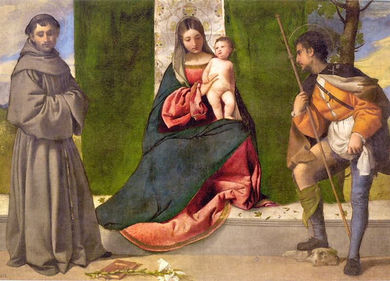 Tiziano, Madonna col bambino Sant’Antonio da Padova e San Rocco    1510 circa    Museo del Prado   Madrid ape
