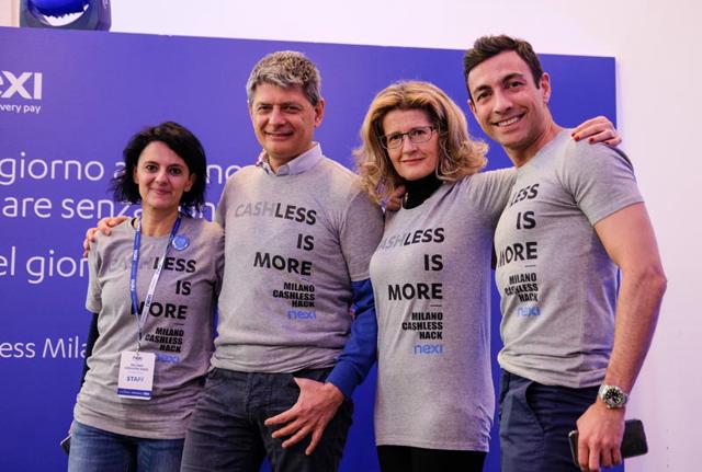 Erika Fattori, Responsabile Brand & Communication di Nexi, Enrico Trovati, Merchant Services Director di Nexi, Roberta Cocco, Assessore alle trasformazioni digitali e ai servizi civici del Comune di Milano, e Saverio Tridico, Direttore Corporate & External Affairs di Nexi, al Cashless Milano Hack, l’hackathon organizzato da Nexi in collaborazione con Cariplo Factory e Codemotion. Erika Fattori, Responsabile Brand & Communication di Nexi, Enrico Trovati, Merchant Services Director di Nexi, Roberta Cocco, Assessore alle trasformazioni digitali e ai servizi civici del Comune di Milano, e Saverio Tridico, Direttore Corporate & External Affairs di Nexi, al Cashless Milano Hack, l’hackathon organizzato da Nexi in collaborazione con Cariplo Factory e Codemotion.