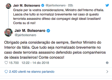 Salvini e Bolsonaro (Presidente Brasile): scambio di tweet su Battisti