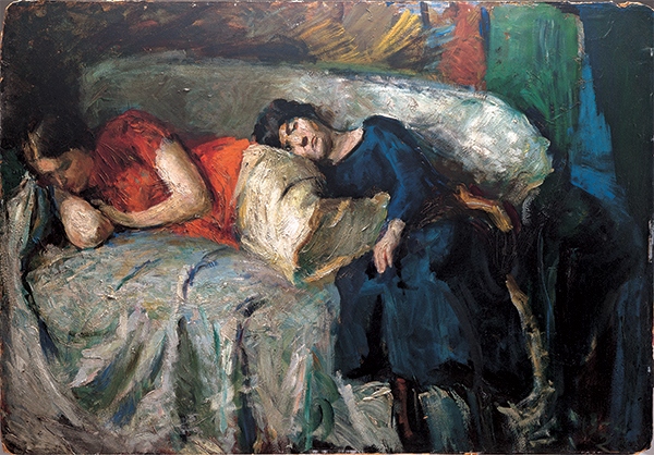 Gianni Maimeri, Donne sul divano, olio su tela.