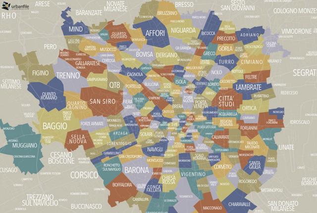La mappa con gli 88 quartieri di Milano (fonte: blog.urbanfile.org) La mappa con gli 88 quartieri di Milano (fonte: blog.urbanfile.org)