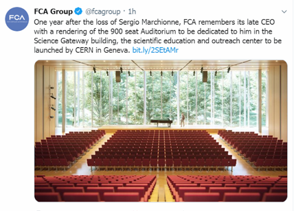 FCA: il Cern di Ginevra dedica l'Auditorium a Sergio Marchionne