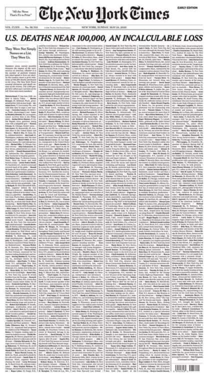 New York Times, in prima pagina l'elenco con i nomi delle vittime