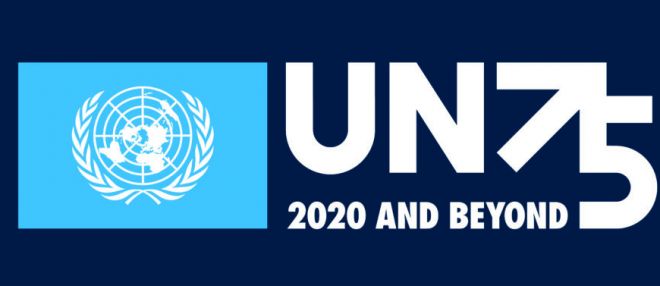 UN75 logo white on dark blue