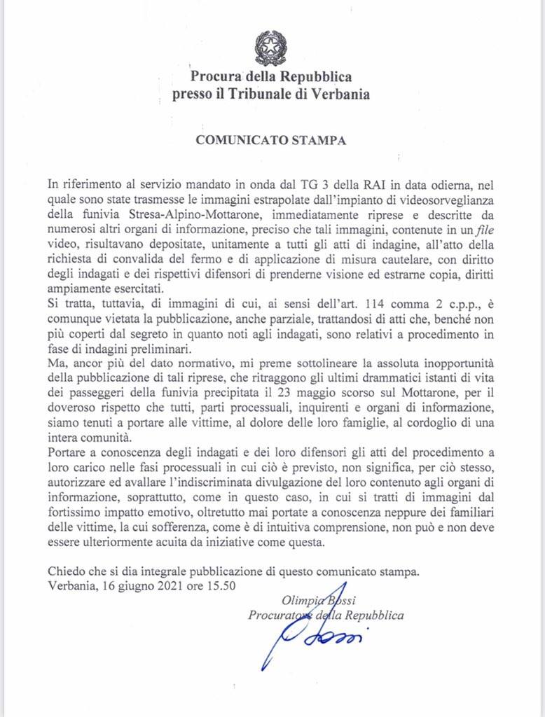 Il comunicato stampa della Procura di Verbania Il comunicato stampa della Procura di Verbania