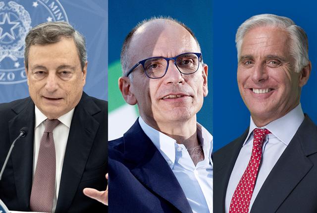 Mario Draghi, Enrico Letta ed Andrea Orcel (Lapresse) Mario Draghi, Enrico Letta ed Andrea Orcel (Lapresse)