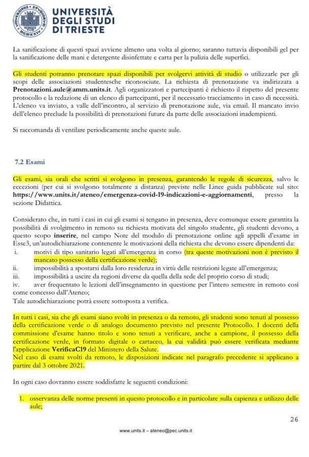 Imposto Green PAss esami da casa Università Trieste