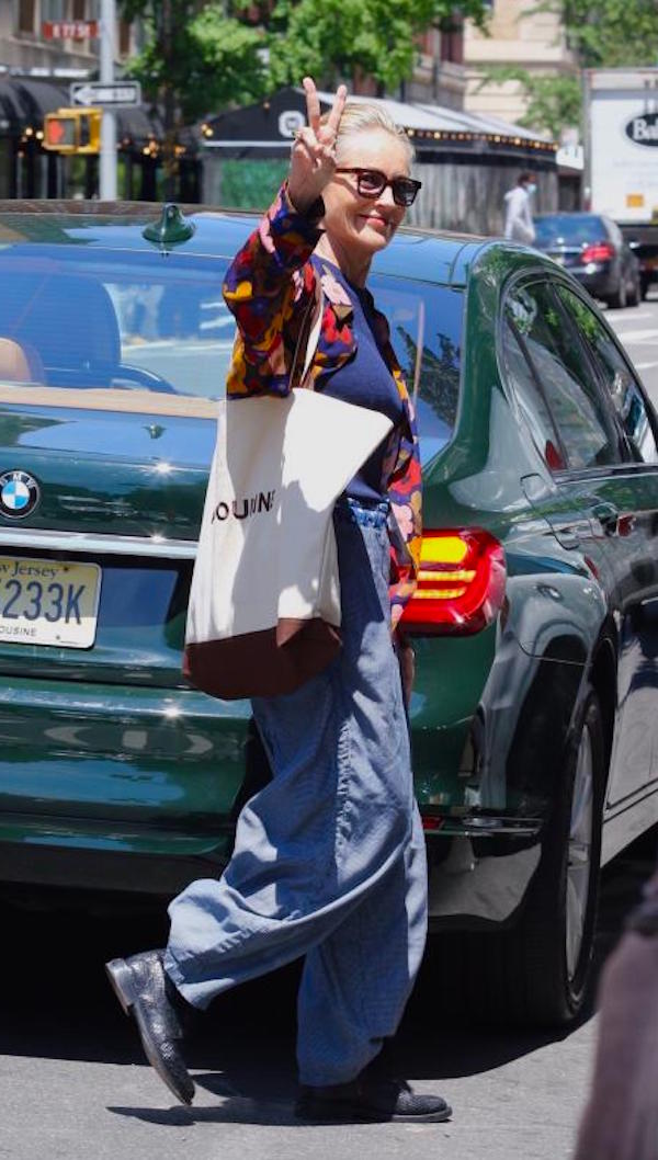 NewYork,Sharon Stone, bellissima look ,casual ,taglio maschile.scarpe occhiali ,borsa 