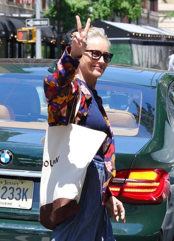 NewYork,Sharon Stone, bellissima look ,casual ,taglio maschile.scarpe occhiali ,borsa 