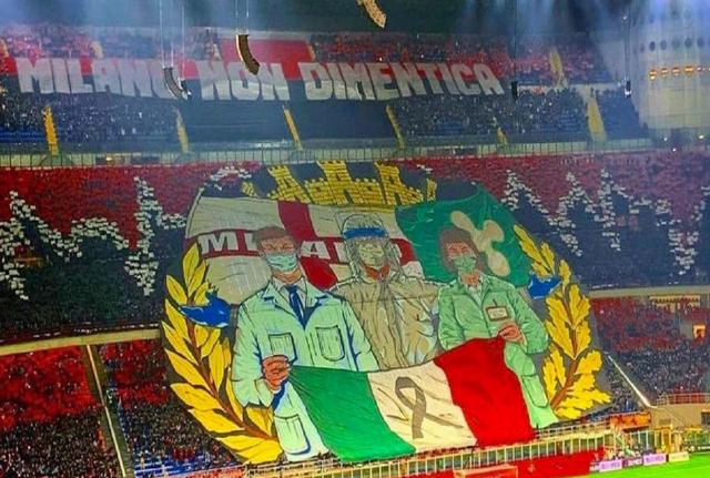 Derby: lo striscione della curva del Milan per gli eroi della pandemia Derby: lo striscione della curva del Milan per gli eroi della pandemia