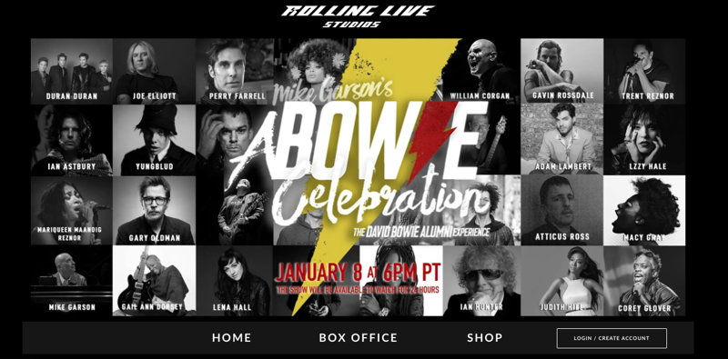 L'EVENTO – Il concerto per David Bowie si svolgerà l'8 gennaio, con biglietti di “ingresso” a 20,52 euro su rollinglivestudios.com. Lo show sarà mostrato in diretta e in seguito rimarrà in rete per 24 ore L'EVENTO – Il concerto per David Bowie si svolgerà l'8 gennaio, con biglietti di “ingresso” a 20,52 euro su rollinglivestudios.com. Lo show sarà mostrato in diretta e in seguito rimarrà in rete per 24 ore