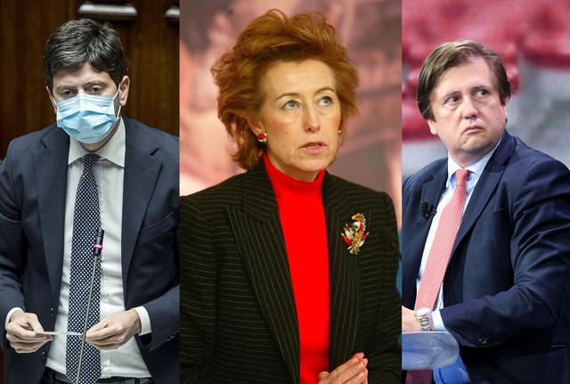 L'assessora lombarda al Welfare Letizia Moratti tra il ministro alla Salute Roberto Speranza e il sottosegretario Pierpaolo Sileri (elaborazione da foto Lapresse)
