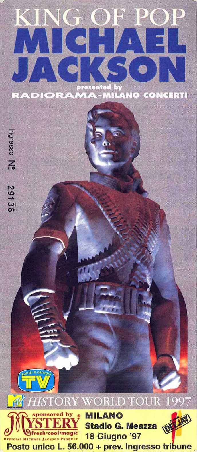 MICHAEL JACKSON – Il 18 giugno 1997 “Jacko” fece tappa a Milano con il suo “HIStory World Tour”, che purtroppo sarebbe rimasto il suo ultimo tour mondiale MICHAEL JACKSON – Il 18 giugno 1997 “Jacko” fece tappa a Milano con il suo “HIStory World Tour”, che purtroppo sarebbe rimasto il suo ultimo tour mondiale
