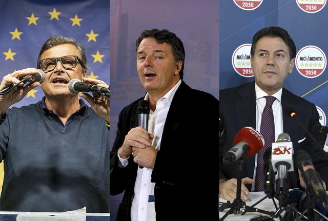 Carlo Calenda, Matteo Renzi e Giuseppe Conte Carlo Calenda, Matteo Renzi e Giuseppe Conte