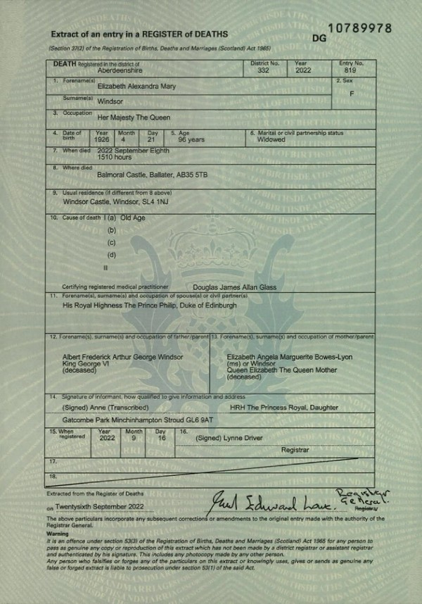 Elisabetta II certificato morte