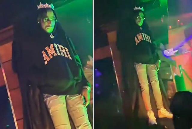 Le immagini della salma di Goonew, impagliata, sul palco (dai social di Black Fortune) Le immagini della salma di Goonew, impagliata, sul palco (dai social di Black Fortune)