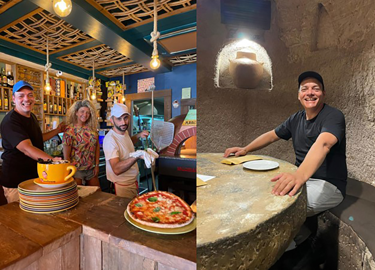 A sinistra Igor Righetti a Playa de Amadores, in riva al mare al ristorante-pizzeria "Pizzammare" con la proprietaria campana Romina e il pizzaiolo. A destra al sempre Igor Righetti al "ristorante nella grotta". Foto di Carla Pagliai A sinistra Igor Righetti a Playa de Amadores, in riva al mare al ristorante-pizzeria "Pizzammare" con la proprietaria campana Romina e il pizzaiolo. A destra al sempre Igor Righetti al "ristorante nella grotta". Foto di Carla Pagliai