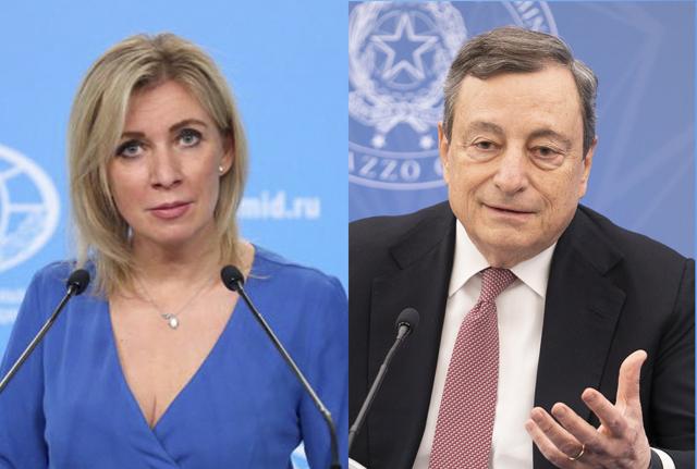 La portavoce del ministero degli Esteri russo Marija Zacharova e il Presidente del Consiglio italiano Mario Draghi La portavoce del ministero degli Esteri russo Marija Zacharova e il Presidente del Consiglio italiano Mario Draghi